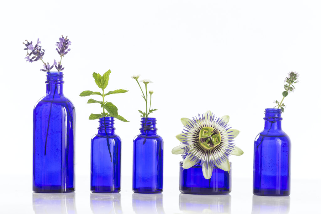Blue Glass Oil Bottles & Pipettes